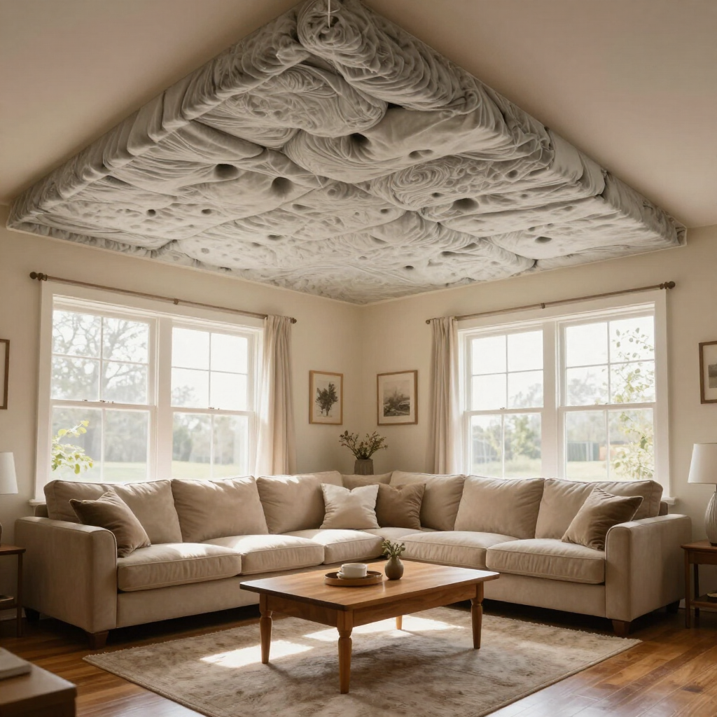 Luminoso salón con sofá modular beige, mesa de centro de madera, grandes ventanales y un techo con un diseño ornamentado.