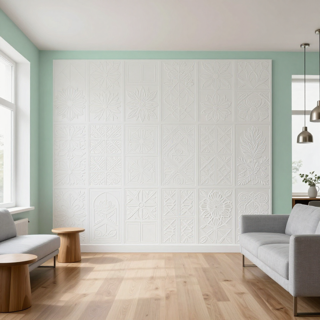 Sala de estar moderna con paredes color menta, pared decorativa blanca texturizada, suelo de madera clara y asientos grises.