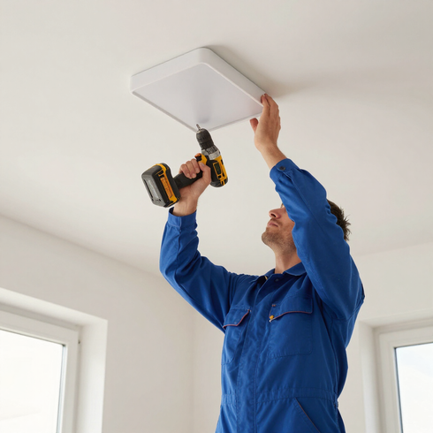 Persona utilizando un taladro eléctrico para instalar un panel de luz de techo en una habitación.