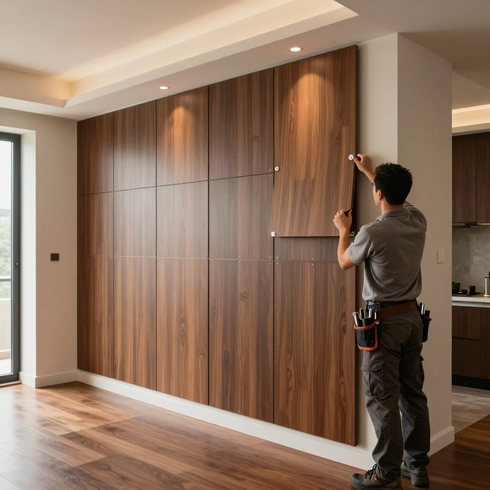 Trabajador instalando paneles de madera en una pared de estilo moderno.