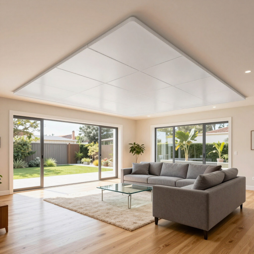 Sala de estar moderna con sofá modular gris, grandes ventanales, suelos de madera y vistas a un patio y jardín.