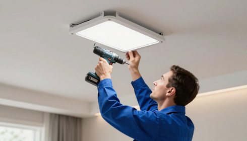 Persona utilizando un taladro eléctrico para instalar un panel de luz de techo en una habitación.
