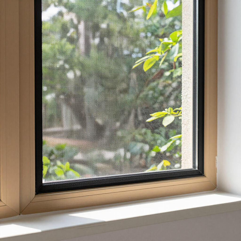 Ventana con mosquitera, que deja ver hojas verdes y árboles iluminados por el sol en el exterior.