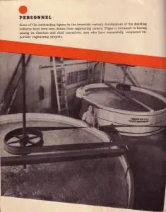 Vintage ad showing industrial machinery in a factory with a red header banner.