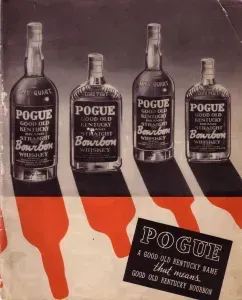 Vintage Pogue bourbon ad with four bottles and bold red-and-white graphic design.