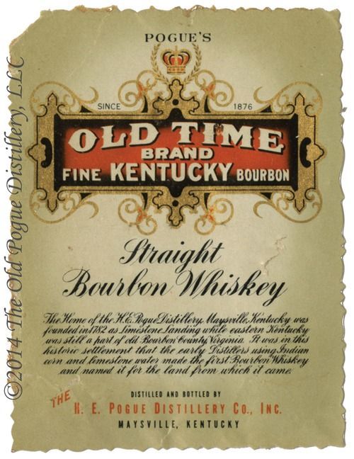 Vintage Pogue's Old Time Brand Kentucky bourbon label with ornate gold and red design.