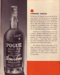 Vintage Pogue Straight Bourbon Whiskey bottle beside a “Looking Ahead” text panel on a beige background
