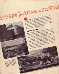 Vintage brochure page for Pogue Old Kentucky Bourbon with factory and landscape photos