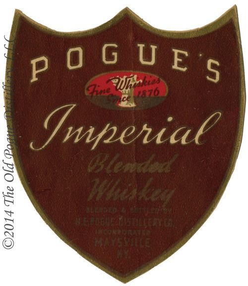 Brown shield-shaped Dogue’s Imperial Blended Whiskey label with gold and red lettering