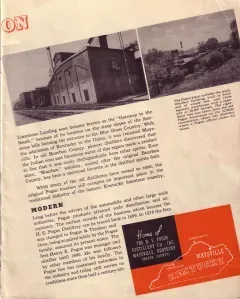A tilted magazine page with black-and-white building photos, text, and a red graphic block.
