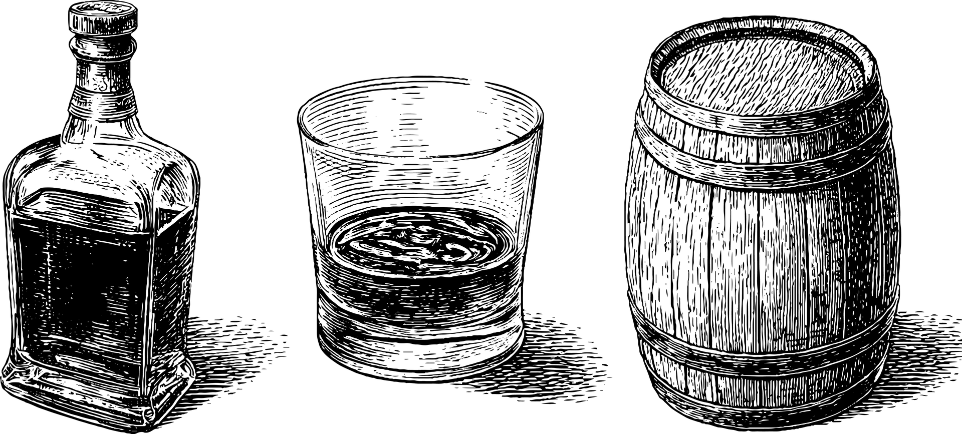 Black-and-white drawing of a bottle, a glass, and a barrel on a plain surface