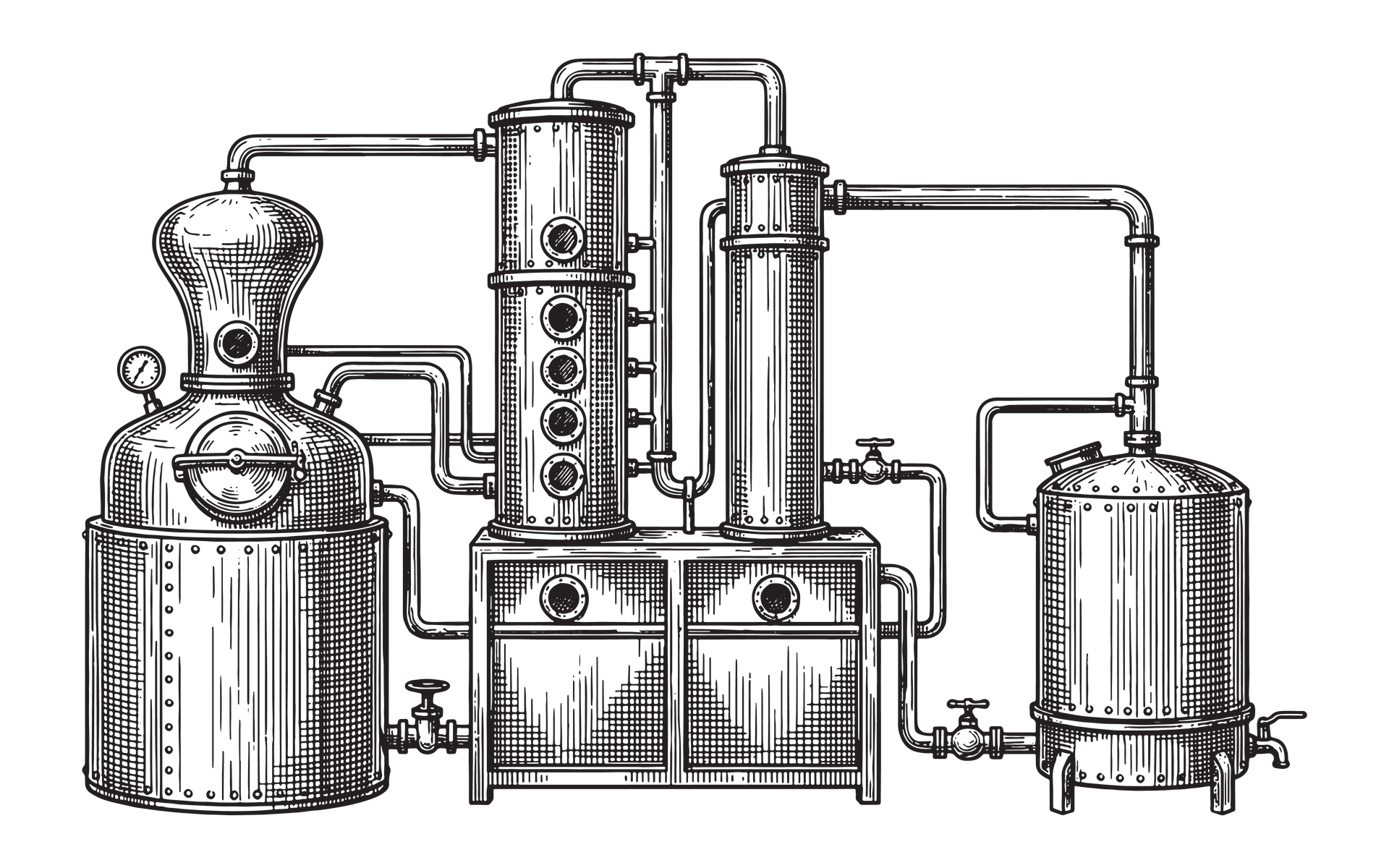 Black-and-white illustration of a complex industrial distillation apparatus with connected tanks, pipes, and columns.