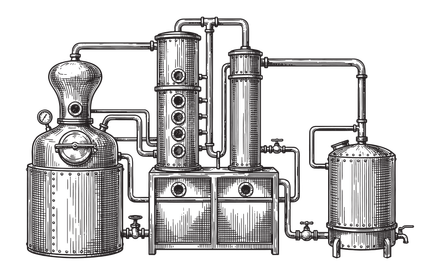 Black-and-white drawing of industrial distillation tanks and connected pipes in a factory setting