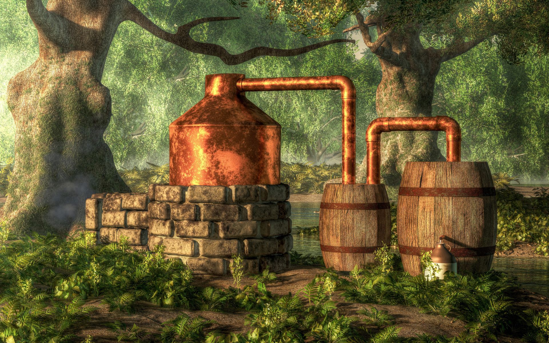 Rustic copper distillery with pipes and barrels in a mossy forest clearing