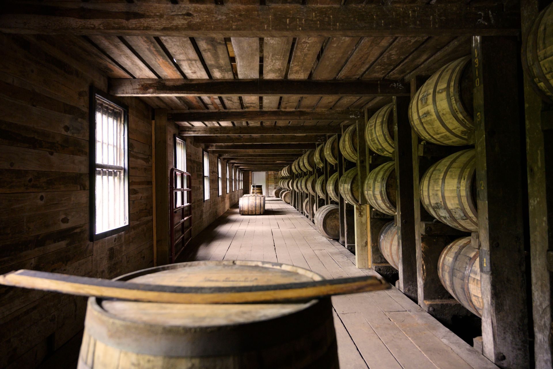 Wooden barrel-lined cellar with a long aisle and sunlight through windows