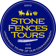 Blue circular Stone Fences Tours logo with yellow text and icons, &ldquo;ESTD 2018&rdquo; and &ldquo;Uncommon Tours of Our Commonwealth.&rdquo;