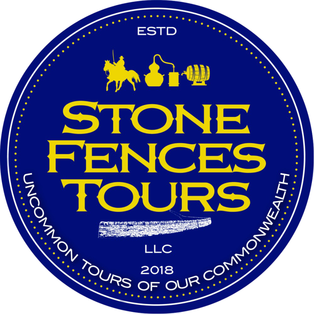 Blue circular Stone Fences Tours logo with yellow text and icons, “ESTD 2018” and “Uncommon Tours of Our Commonwealth.”