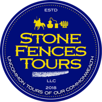 Blue circular Stone Fences Tours logo with yellow text and icons, &ldquo;ESTD 2018&rdquo; and &ldquo;Uncommon Tours of Our Commonwealth.&rdquo;