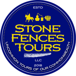 Blue circular Stone Fences Tours logo with yellow text and icons, &ldquo;ESTD 2018&rdquo; and &ldquo;Uncommon Tours of Our Commonwealth.&rdquo;