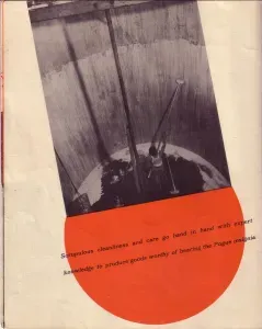 Abstract poster with a red semicircle and grayscale industrial tunnel scene, tilted on a beige background.