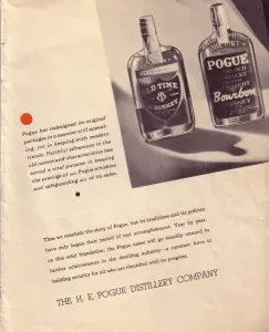 Vintage liquor ad with two whiskey bottles on a cream-colored page and small promotional text