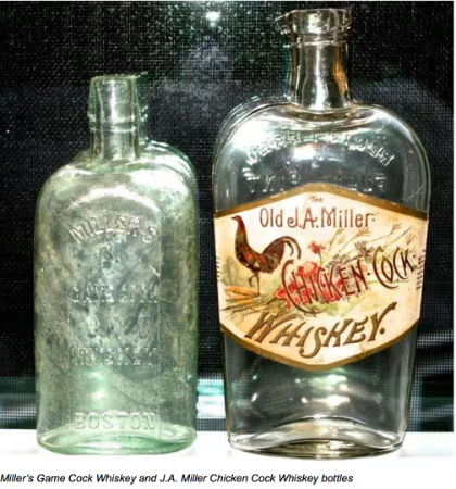 Two vintage whiskey bottles, one labeled Old J.A. Miller Chicken Cock Whiskey with a rooster illustration