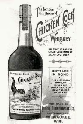 Vintage black-and-white Chickena Cock Whiskey advertisement with bottle, rooster, and bold text.