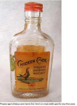 Bottle of Chicken Cock Straight Bourbon Whiskey with orange label and red cap on a white background