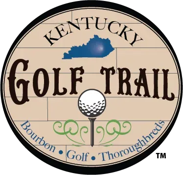 Kentucky Golf Trail logo with golf ball, blue state silhouette, and Bourbon, Golf, Thoroughbred tagline