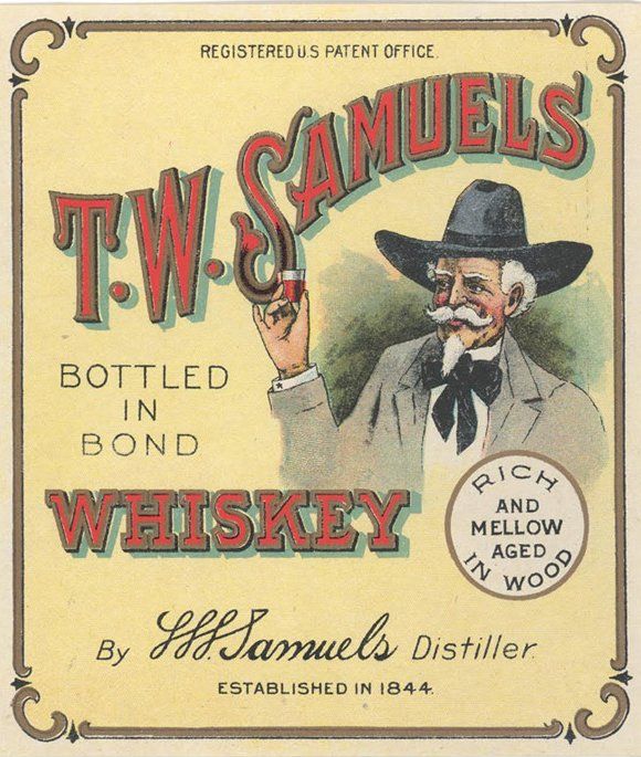 Vintage T.W. Samuels whiskey label with a cowboy illustration and cream background