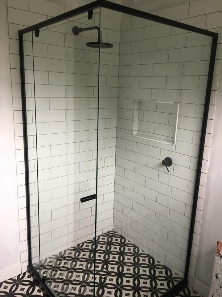 A Shower Stall With A Black Frame And White Tiles — Frameless Shower Installations, Sunshine Coast