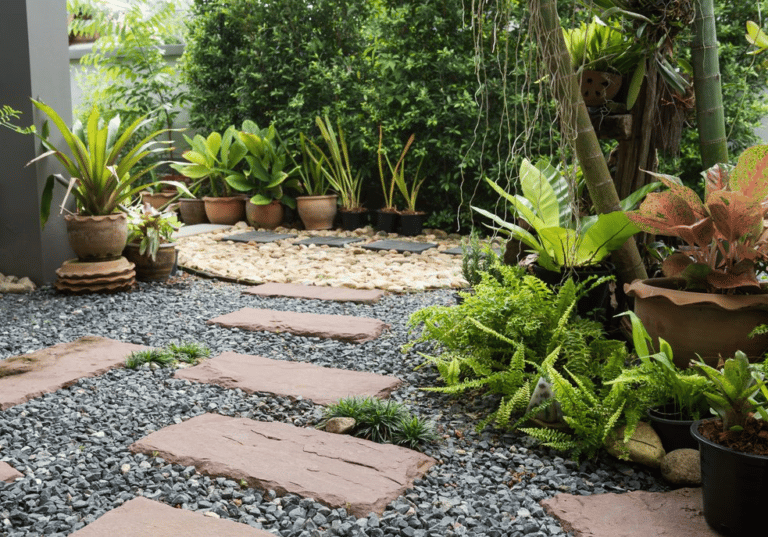 A Garden With Lots Of Potted Plants And A Stone Walkway  — Frameless Shower Installations In Maroochydore, QLD