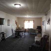 Living room with carpet, chairs, couch, TV, and a bright window with curtains