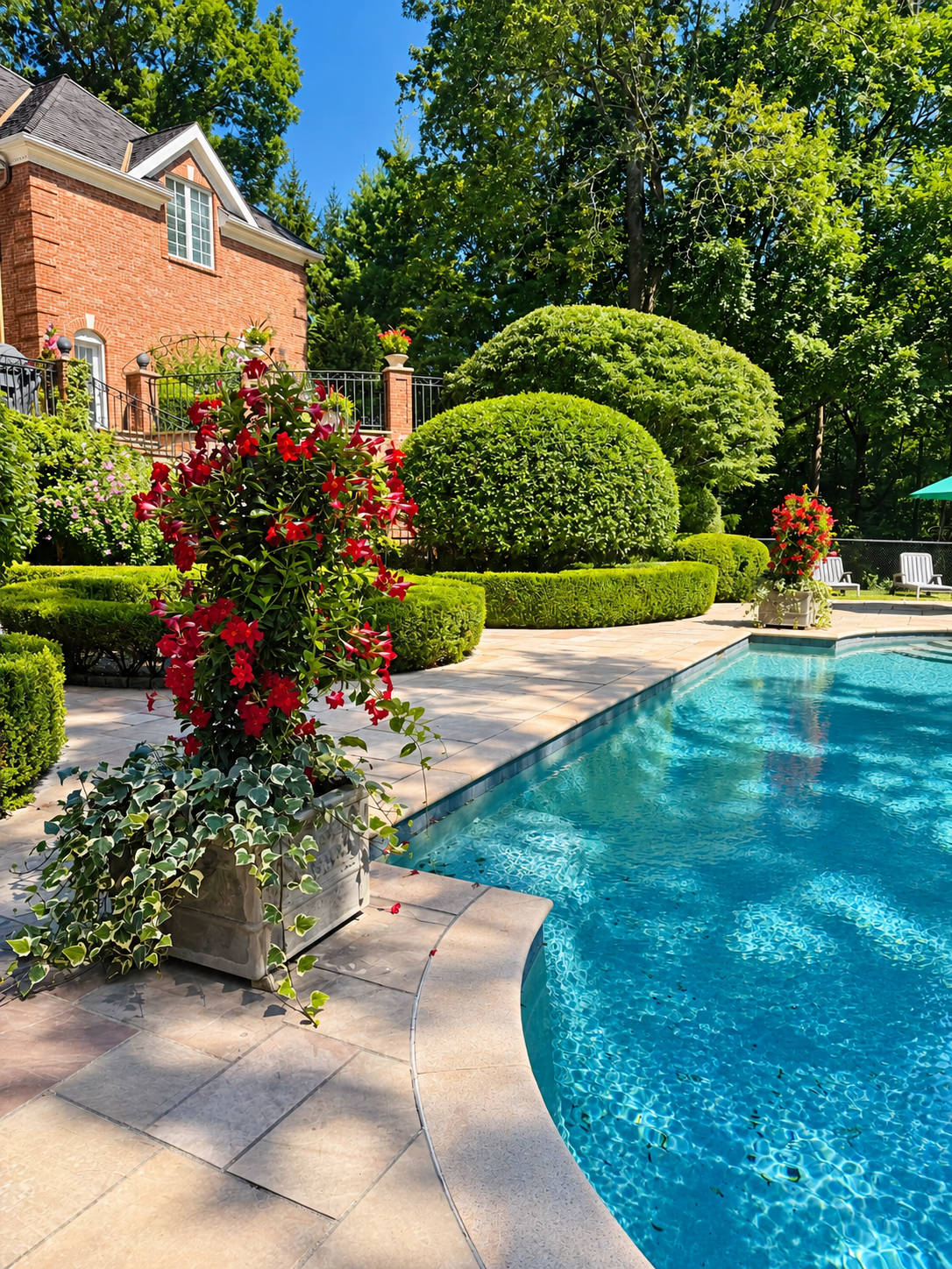 Backyard pool with blue water, manicured shrubs, and a brick house on a sunny day