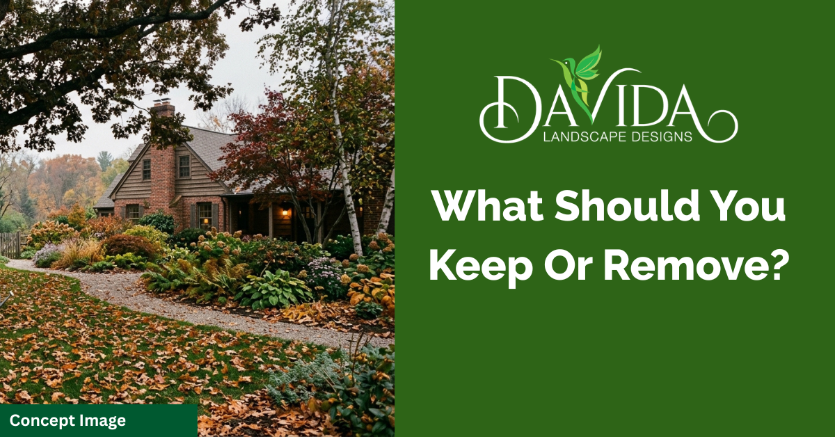 A landscape design ad featuring a house with autumn foliage, with the text: 