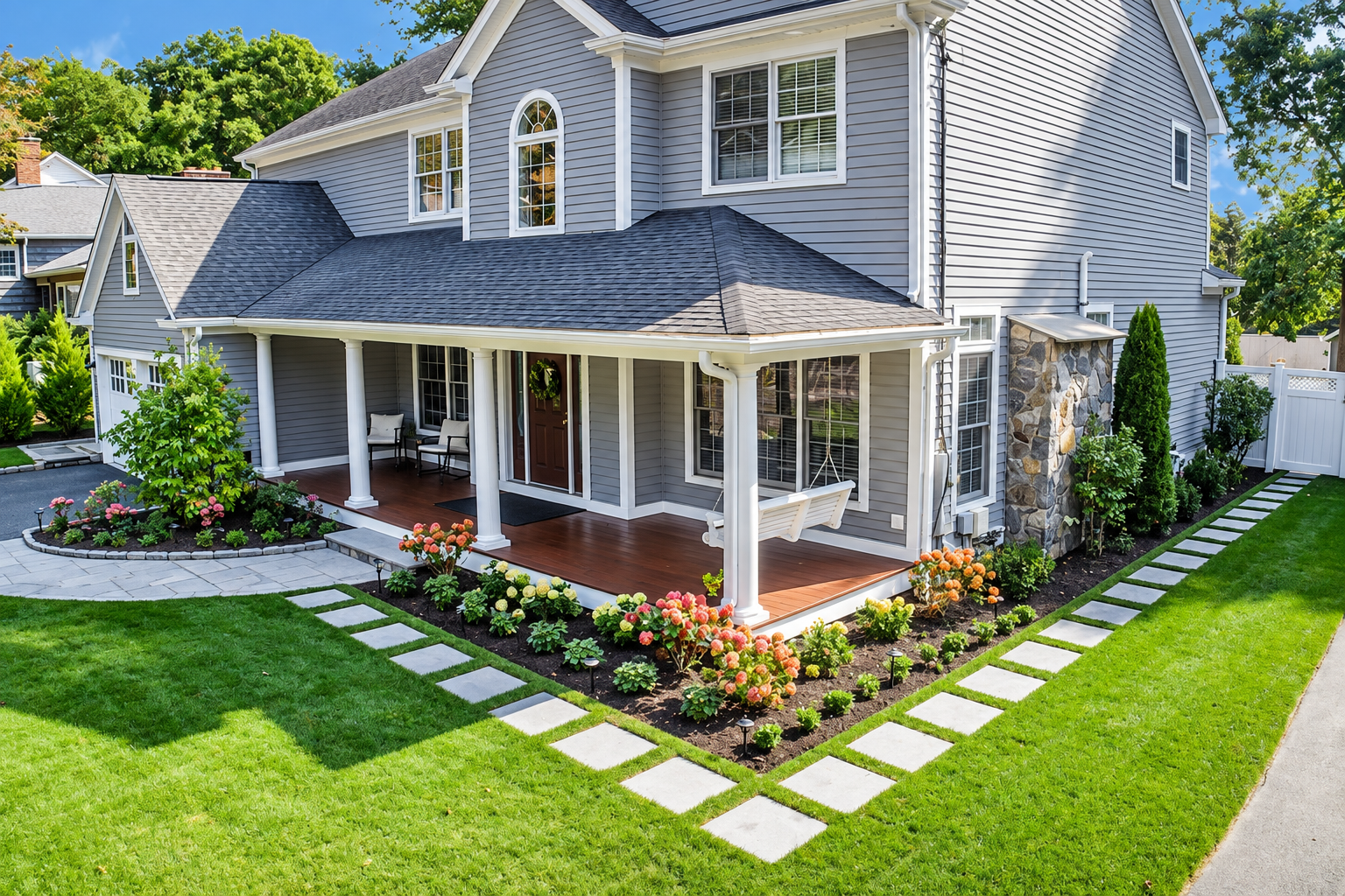 Suburban gray two-story house with white trim, wraparound porch, and landscaped front yard