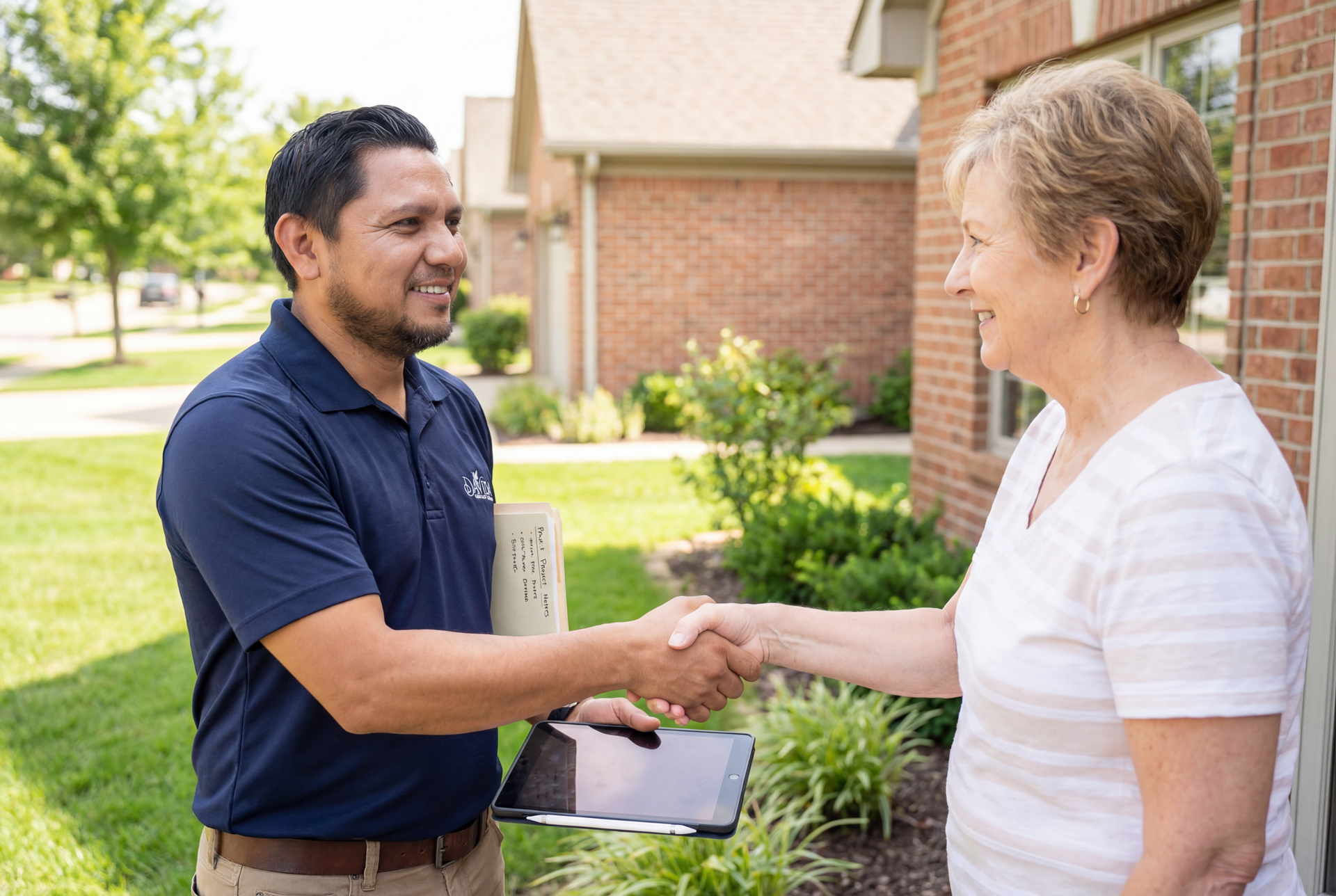 Two people shake hands outside a brick house, with one holding a clipboard.