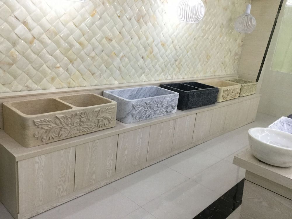 A Bathroom with A Lot of Sinks on A Shelf — Sheridan Stone Aust in Toormina, NSW