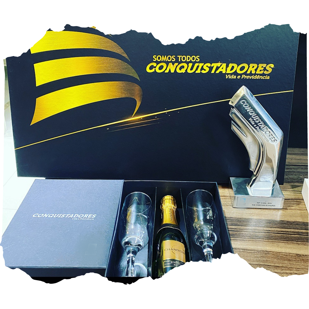 Imagem troféu da Porto Seguro acompanhando por chandon um presente da Porto para as Melhores Corretoras do Brasil mostrando um cliente da DrLeads em sétimo lugar nível Brasil