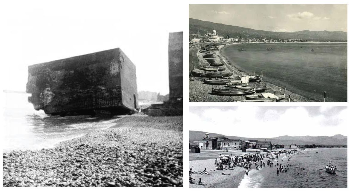 Collage: un grande blocco di cemento su una spiaggia di ciottoli; barche lungo la riva; persone su una spiaggia.