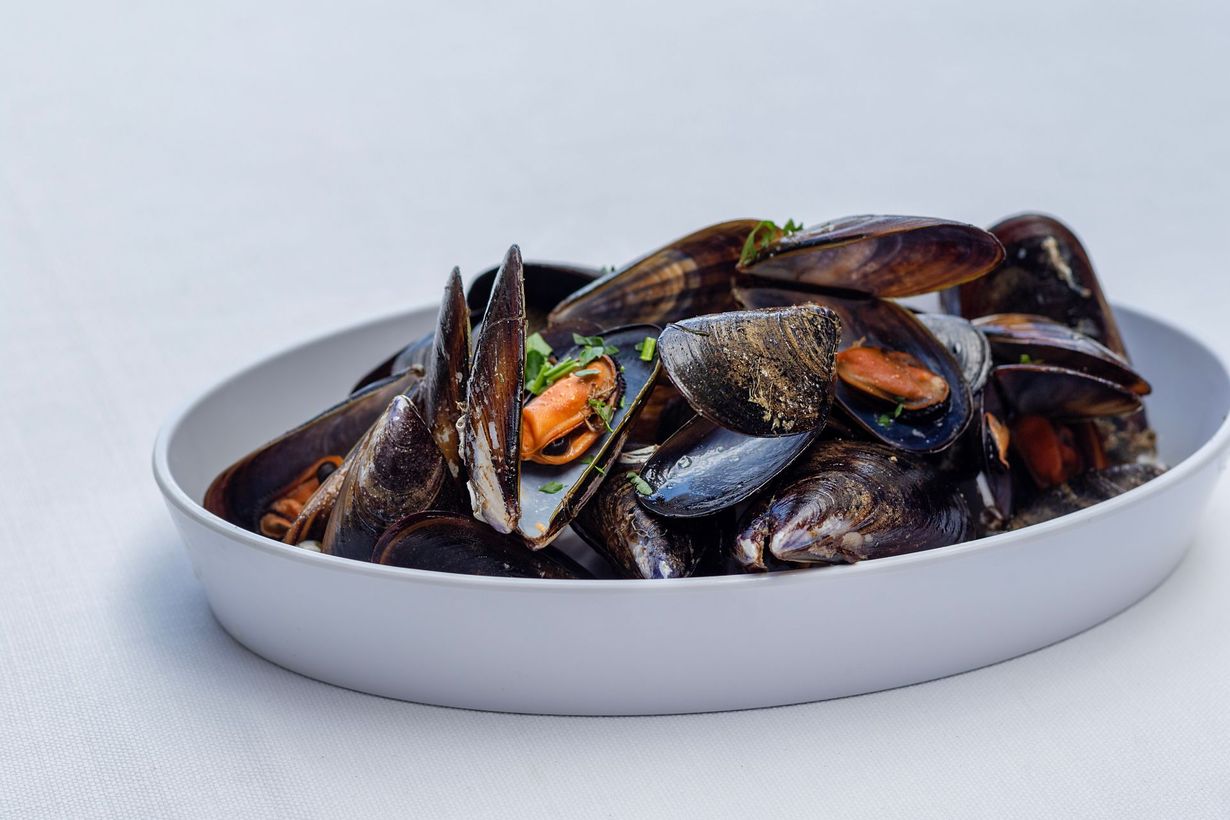 Cozze fumanti in una ciotola ovale bianca, su sfondo bianco.