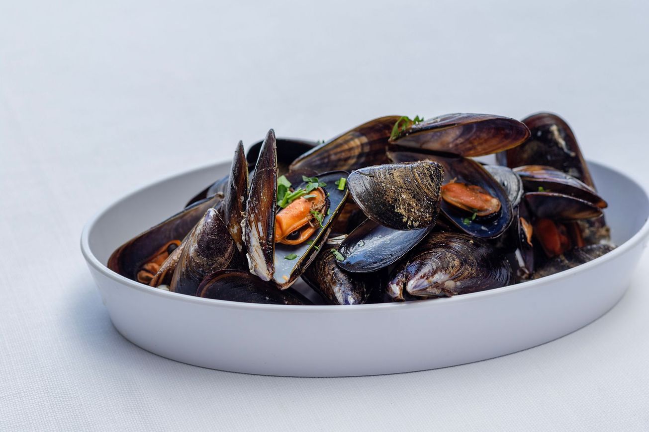 Cozze fumanti in una ciotola ovale bianca, su sfondo bianco.