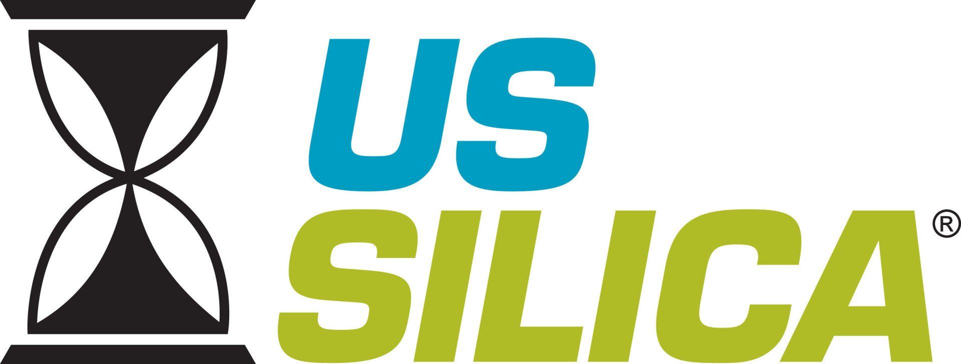 A logo for us silica with an hourglass in the middle.