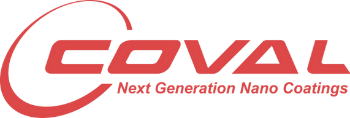 A red and white logo for coval next generation nano coatings