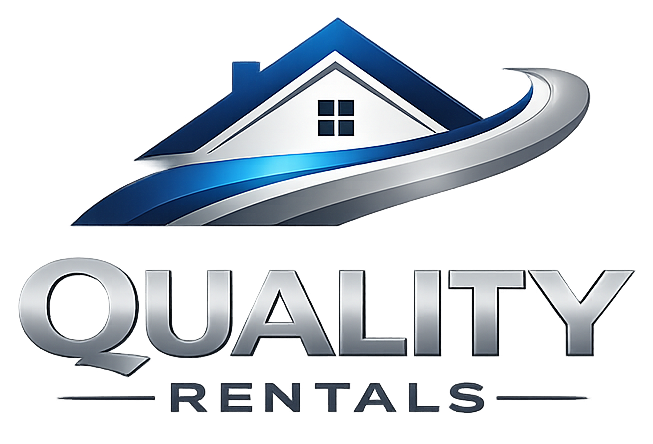 Logo for Quality Rentals: house icon above text, blue and silver accents.