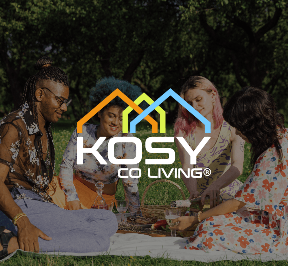 kosy co living logo with young people sitting on grass having picnic