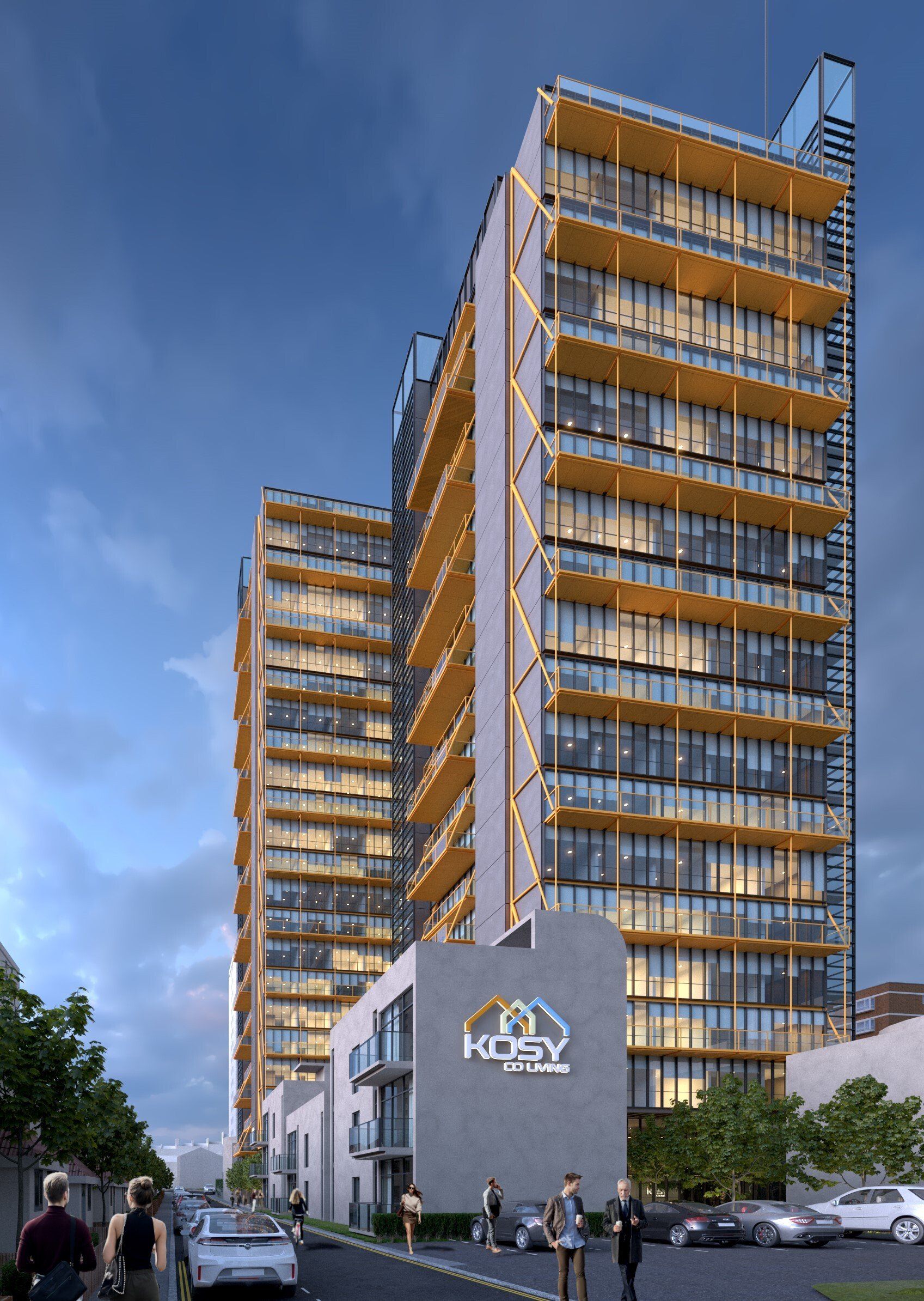 dusk view of two tall buildings with kosy co living logo