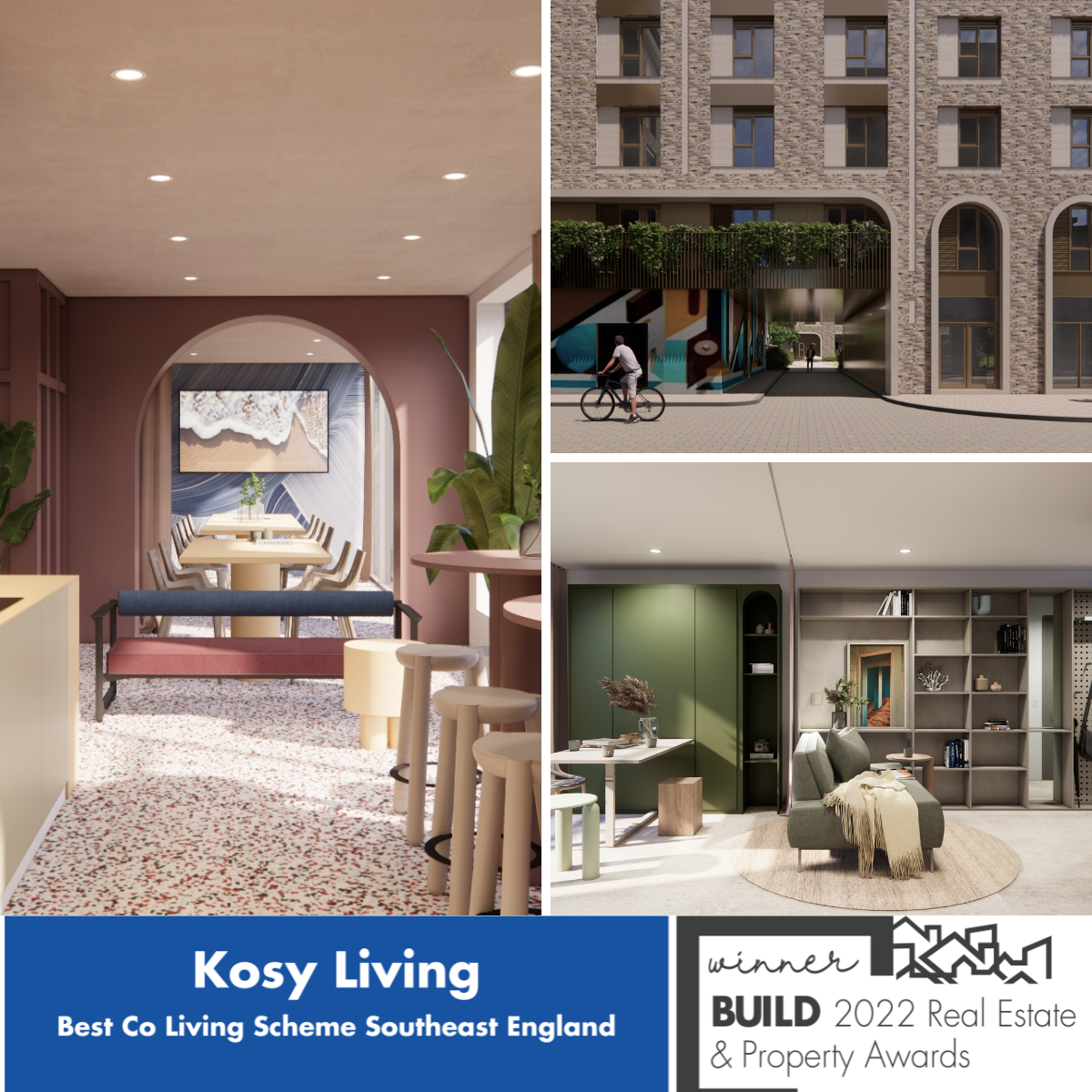 dusk view of two tall buildings with kosy co living logo