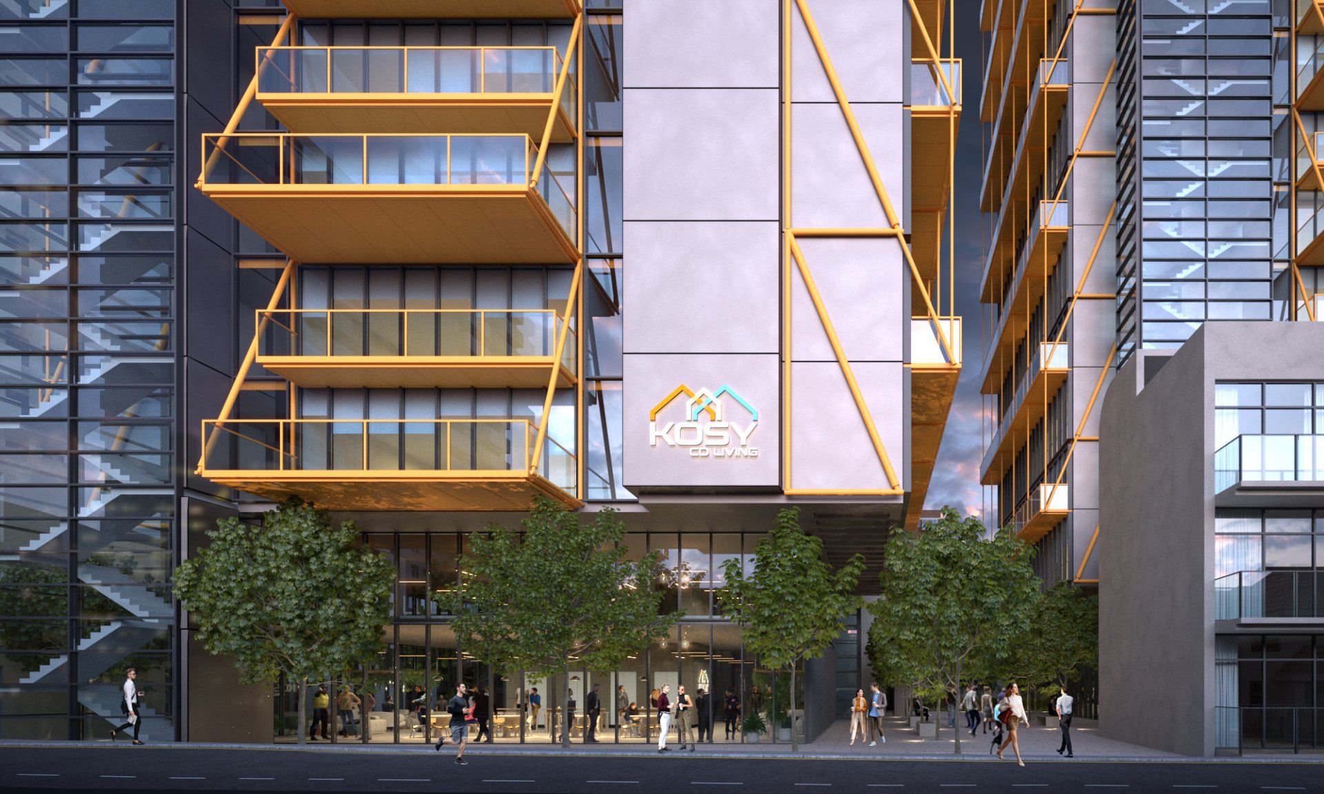 building with yellow balconies and kosy co living logo at front