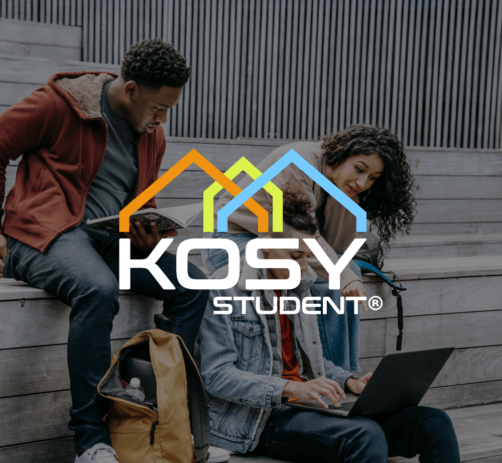 kosy student logo with young people sitting on steps looking at laptop